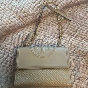 Tory Burch Beige Quilted Shoulder Bag with Gold Chain